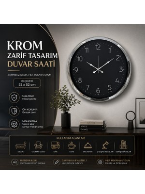 Krom Zarif Tasarım 52 x 52 cm Duvar Saati