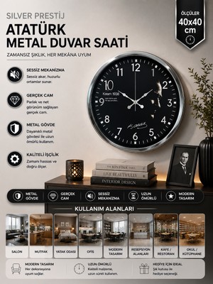 Silver Prestige Atatürk 40 cm Metal Krom Duvar Saati