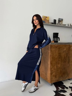 Meride Fashion Modal Kumaş Şeritli Ikili Takım - 2474 Lacivert