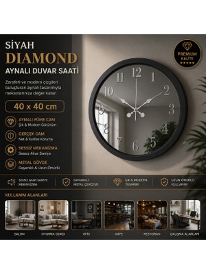 Siyah Diamond Aynalı 40 x 40 cm Duvar Saati
