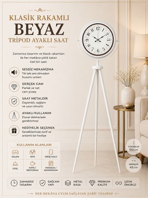 Klasik Rakamlı Beyaz Tripod Ayaklı Saat