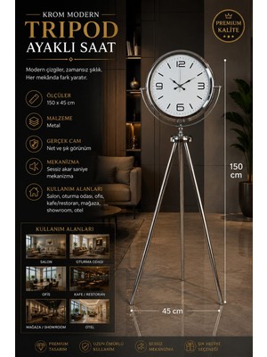 Krom Modern 150 x 45 cm Metal Tripod Ayaklı Saat