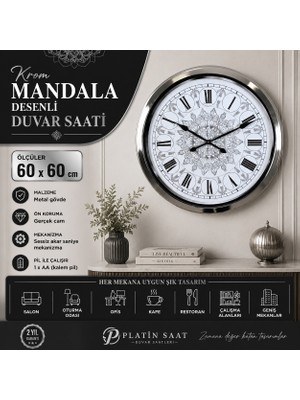 Krom Mandala Desenli 60 x 60 cm Metal Duvar Saati