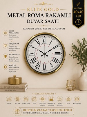Gold 40 cm Metal Roma Rakamlı Duvar Saati
