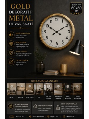 60 cm Gold Metal Dekoratif Duvar Saati – Dekoratif Metal Rakamlı