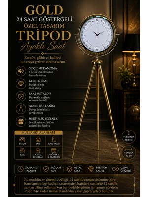 24 Saat Göstergeli Özel Tasarım Gold Tripod Ayaklı Duvar Saati