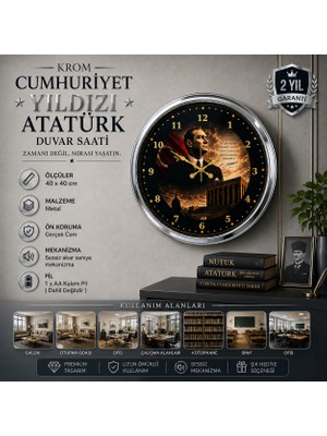 Krom Cumhuriyet Yıldızı 40 x 40 cm Metal Atatürk Duvar Saati