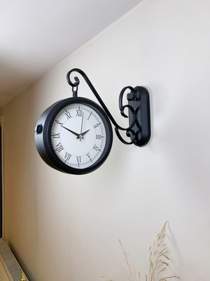Siyah Metal Retro Çift Taraflı Istasyon Saati 36 x 25 cm