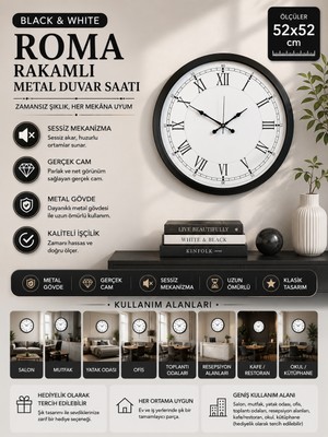 Modern 52 cm Black & White Roma Rakamlı Metal Duvar Saati