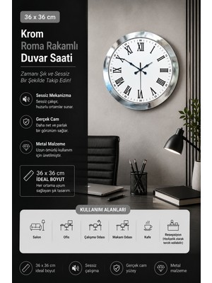 36 cm Krom Metal Roma Rakamli Duvar Saati