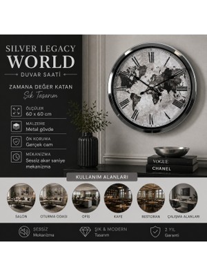 Silver Legacy World 60 x 60 cm Metal Duvar Saati