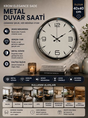 Krom Elegance 40 cm Metal Duvar Saati