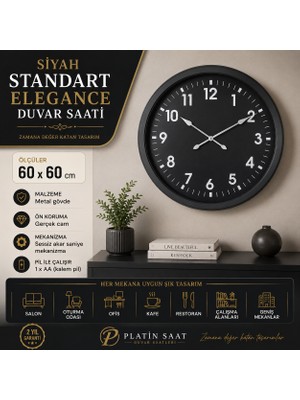 Siyah Standart Elegance 60 x 60 cm Metal Duvar Saati