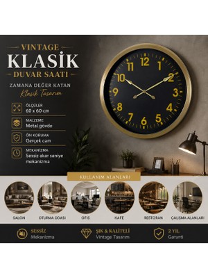 Vintage Klasik 60 x 60 cm Metal Duvar Saati