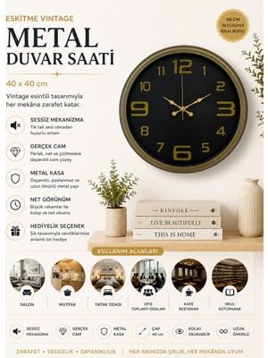 40 cm Metal Eskitme Vintage Duvar Saati – Modern Metal Altın Rakamlı