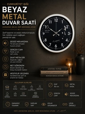 Cumhuriyet Işığı Beyaz Seri 36 cm Metal Duvar Saati