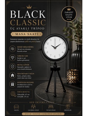 Black Classic Dekoratif Üç Ayaklı Masa Saati