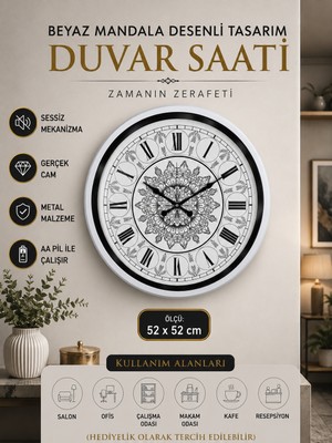 Beyaz 52 cm Metal Mandala Desenli Tasarım Duvar Saati