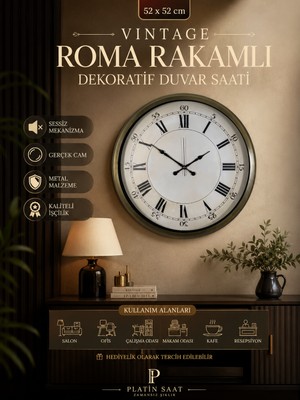 Vintage Roma Rakamlı 52 cm Metal Duvar Saati