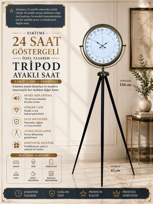 Eskitme 24 Saat Göstergeli Özel Tasarım Tripod Ayaklı Saat – 24 Saat Göstergeli Beyaz Kadran