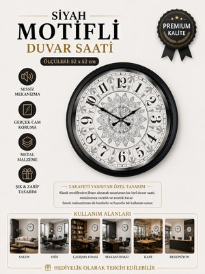 Siyah Motifli 52 cm Metal Duvar Saati – Motifli Ince Kadran