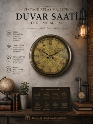 Vintage Atlas Majestic 40 cm Metal Duvar Saati