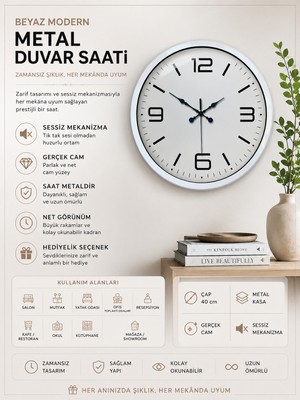 40 cm Beyaz Metal Modern Duvar Saati