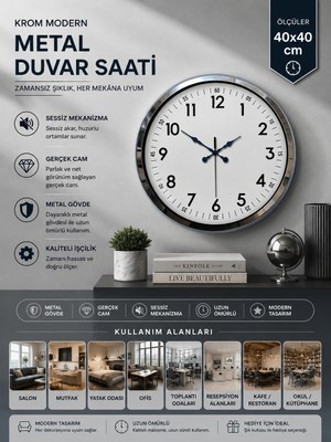 Modern Klasik 40 cm Krom Metal Duvar Saati
