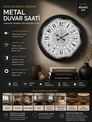 Şaheser Tasarım Zarif Desenli 40 cm Metal Duvar Saati