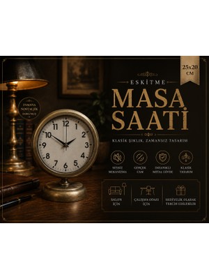 Vintage Dekoratif 25 x 20 cm Metal Masa Saati