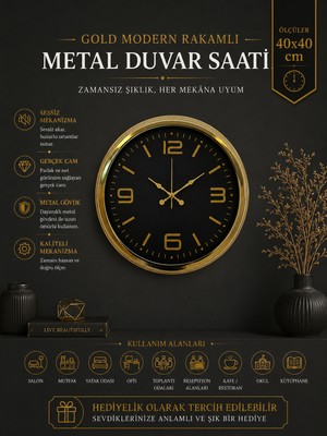 Gold Modern Rakamlı 40 cm Metal Duvar Saati