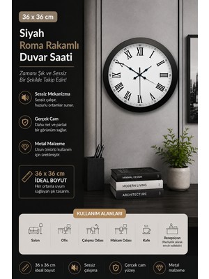 36 cm Siyah Metal Roma Rakamlı Duvar Saati