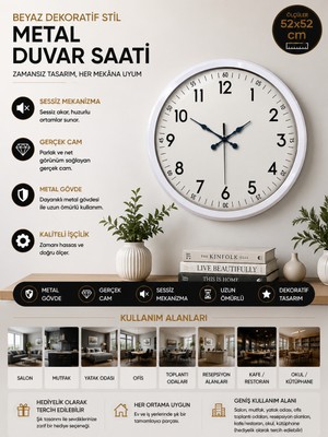52 cm Beyaz Metal Dekoratif Duvar Saati