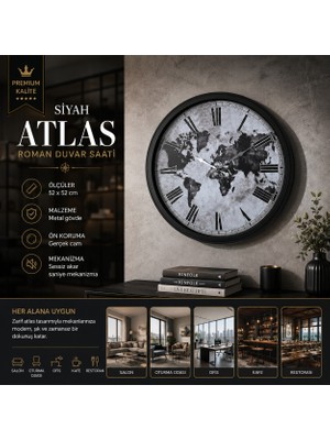 Siyah Atlas Roman 52 x 52 cm Roman Duvar Saati