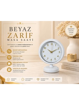 Beyaz 25 x 20 cm Metal Gold Detaylı Masa Saati
