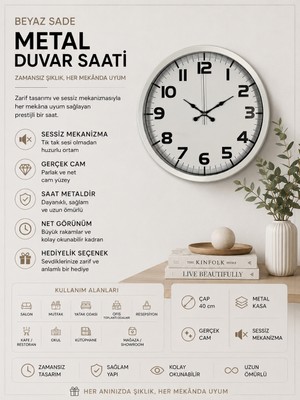 Sade Tasarım Beyaz 40 cm Metal Duvar Saati