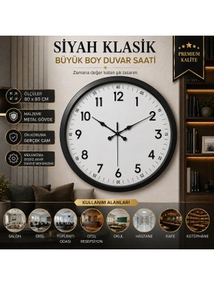 Siyah Klasik Büyük Boy 80 cm Metal Duvar Saati