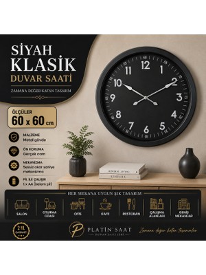 Siyah Klasik 60 x 60 cm Metal Duvar Saati