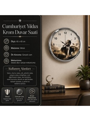 Cumhuriyet Yıldızı Krom 40 x 40 cm Metal Duvar Saati