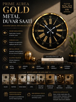 Prime Aurea Gold 52 cm Metal Duvar Saati