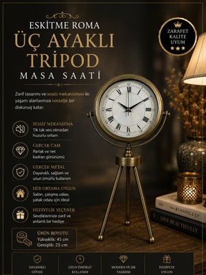 Eskitme Roma Rakamlı Tripod Üç Ayaklı Metal Masa Saati