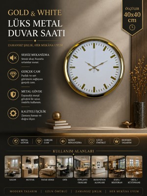 Gold & White Lüks Tasarım 40 cm Gold Metal Duvar Saati