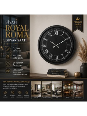 Siyah Royal Roma 52 x 52 cm Duvar Saati
