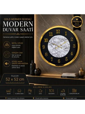 Gold Mermer Desenli Modern 52 x 52 cm Duvar Saati