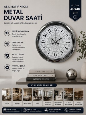 Asil Motif Krom 40 cm Metal Duvar Saati
