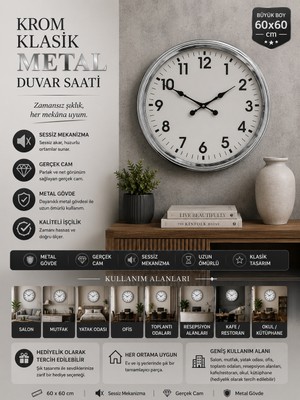 60 cm Krom Metal Duvar Saati