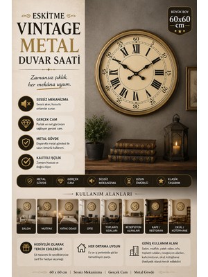 60 cm Eskitme Metal Eskitme Kadran Duvar Saati