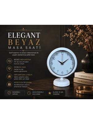 Elegant Beyaz 25 x 20 cm Metal Dekoratif Masa Saati
