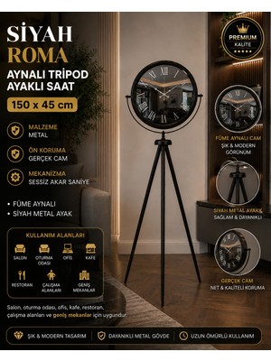 Siyah Roma Aynalı Tripod 150 x 45 cm Ayaklı Saat