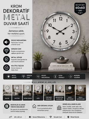 60 cm Krom Metal Dekoratif Duvar Saati